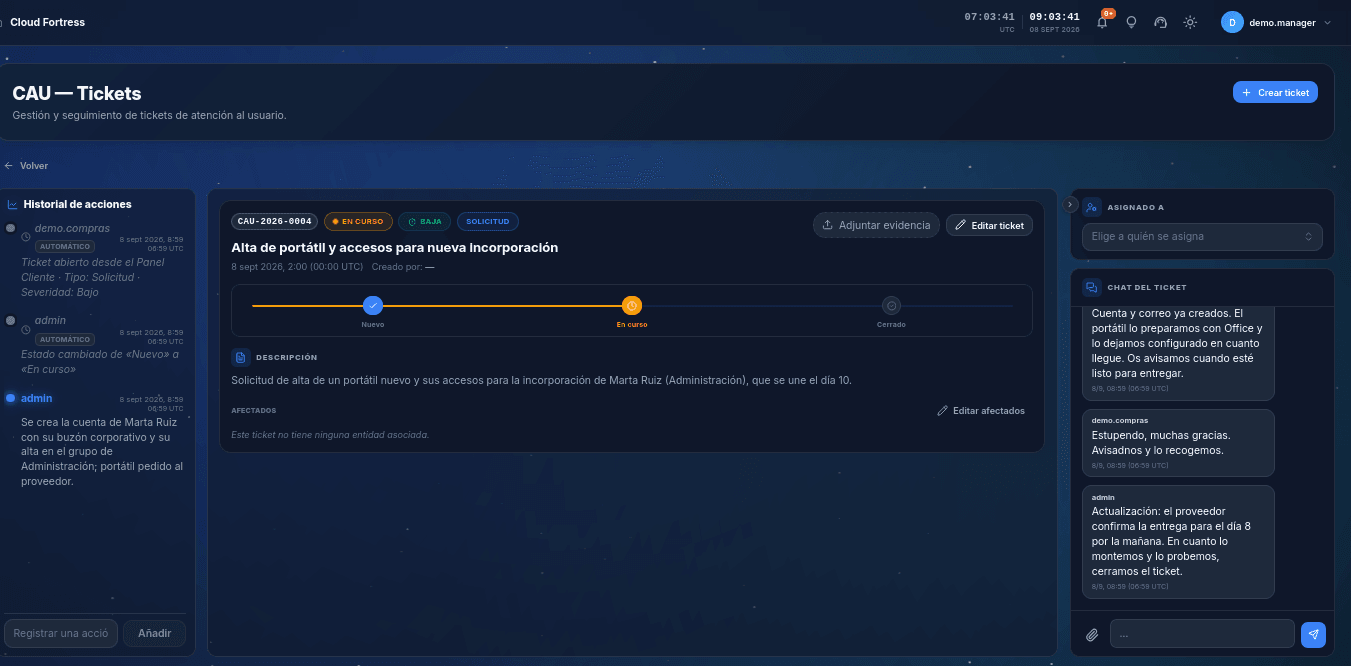 Ticket del centro de atención al usuario en Cloud Fortress, con su ciclo de estados, el historial de acciones y el chat con quien lo abrió