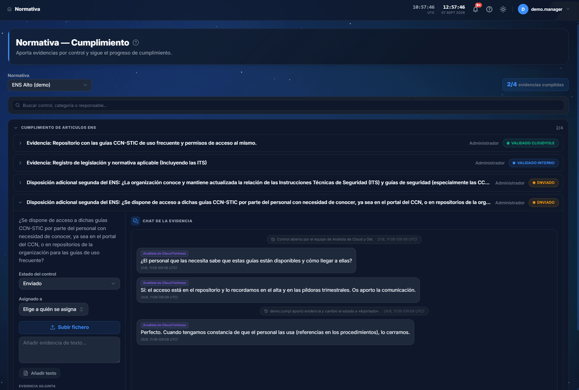 The ENS compliance panel in Cloud Fortress showing controls, their evidence status and the thread on each one (interface in Spanish)