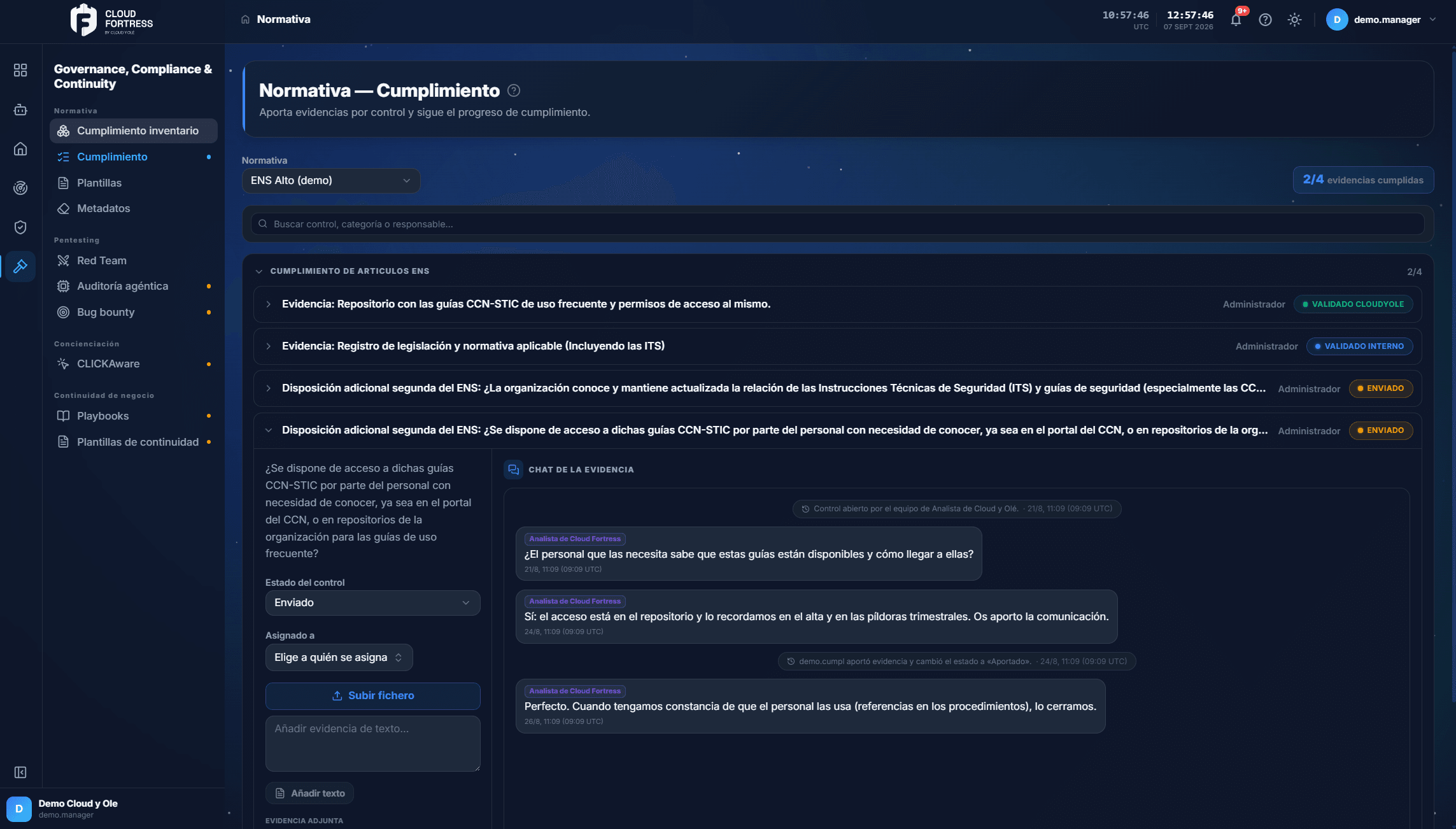 The ENS compliance panel in Cloud Fortress showing controls, their evidence status and the thread on each one