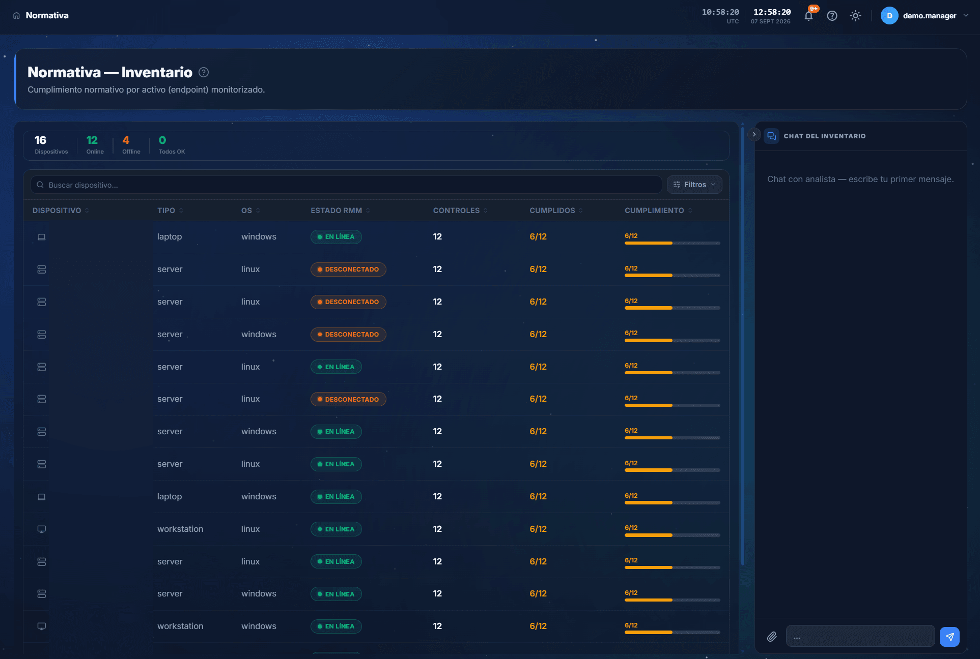 Inventory compliance in Cloud Fortress: which assets meet each control and which do not (interface in Spanish)