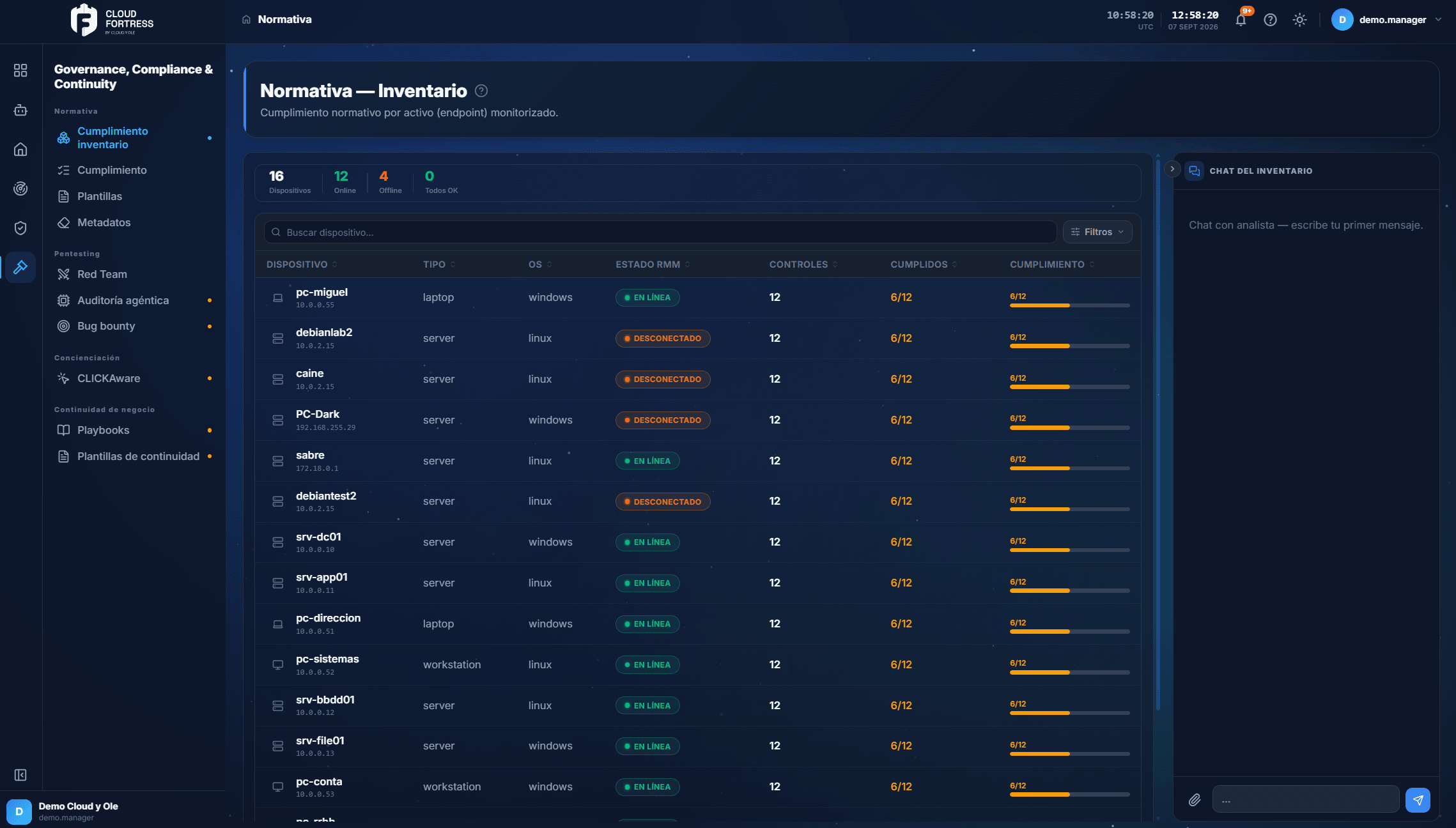 Inventory compliance in Cloud Fortress: which assets meet each control and which do not