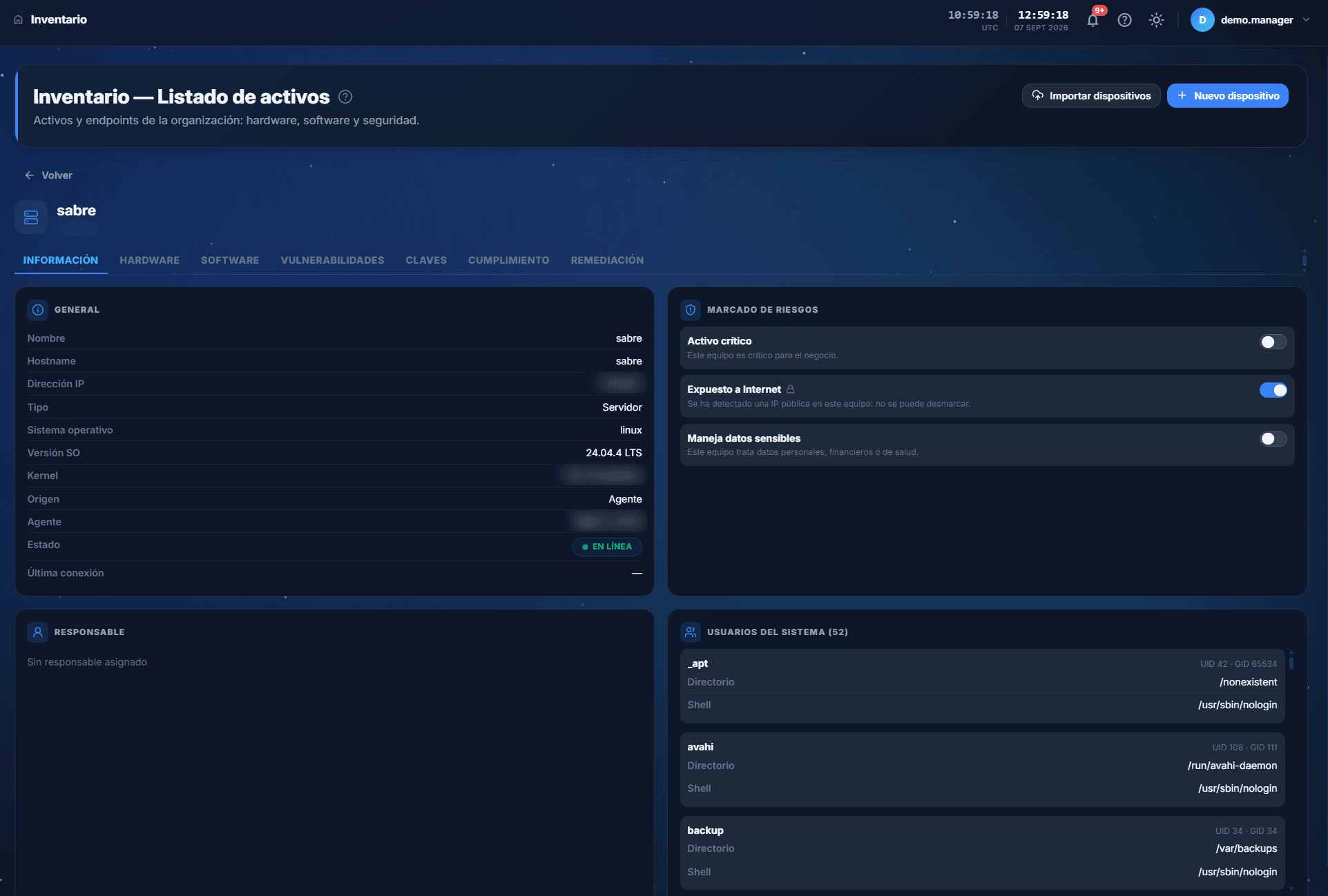 Ficha de un activo en Cloud Fortress con su marcado de riesgo, sistema operativo, origen y usuarios del sistema
