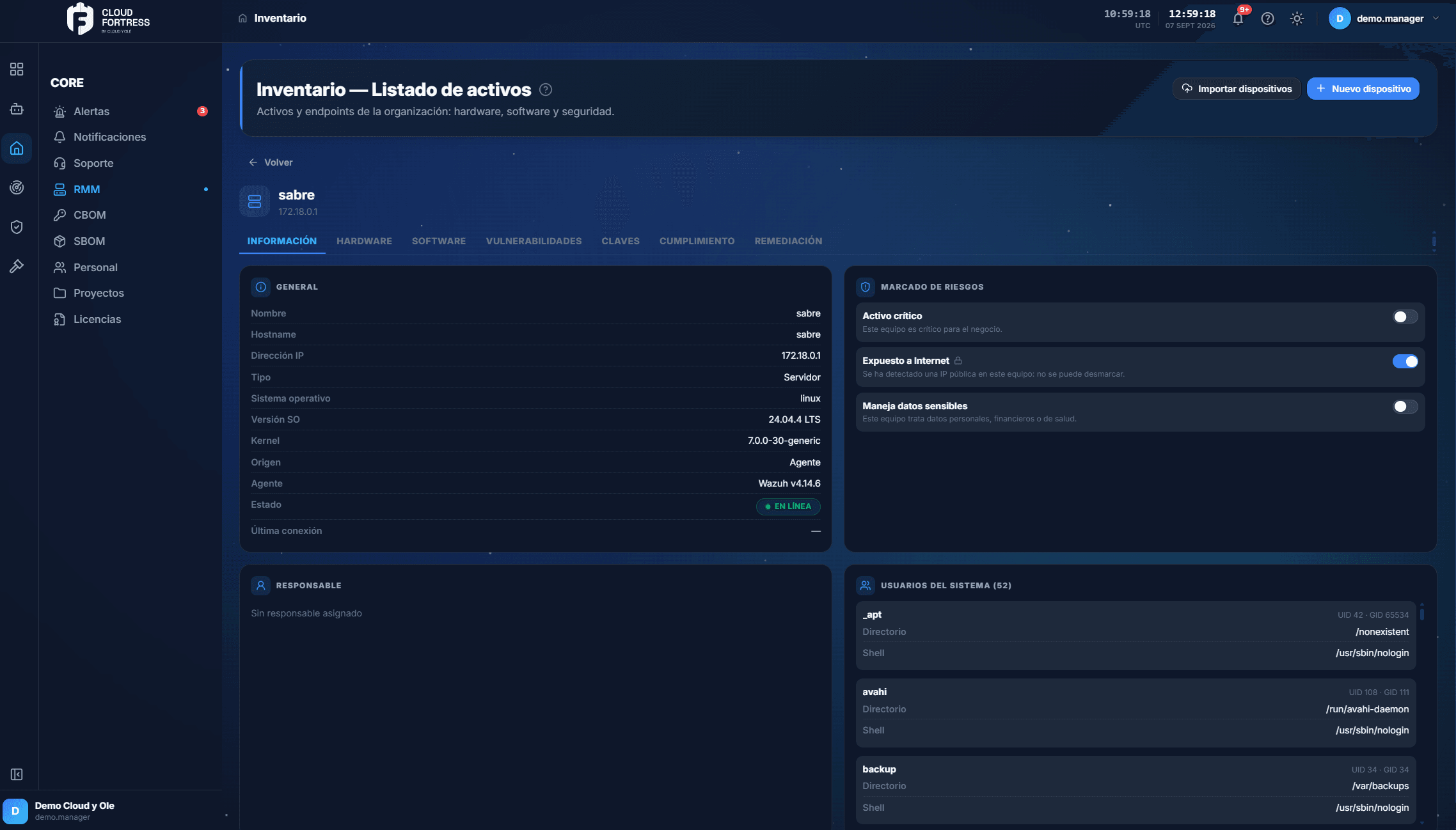 An asset record in Cloud Fortress with its risk flags, operating system, source and system users