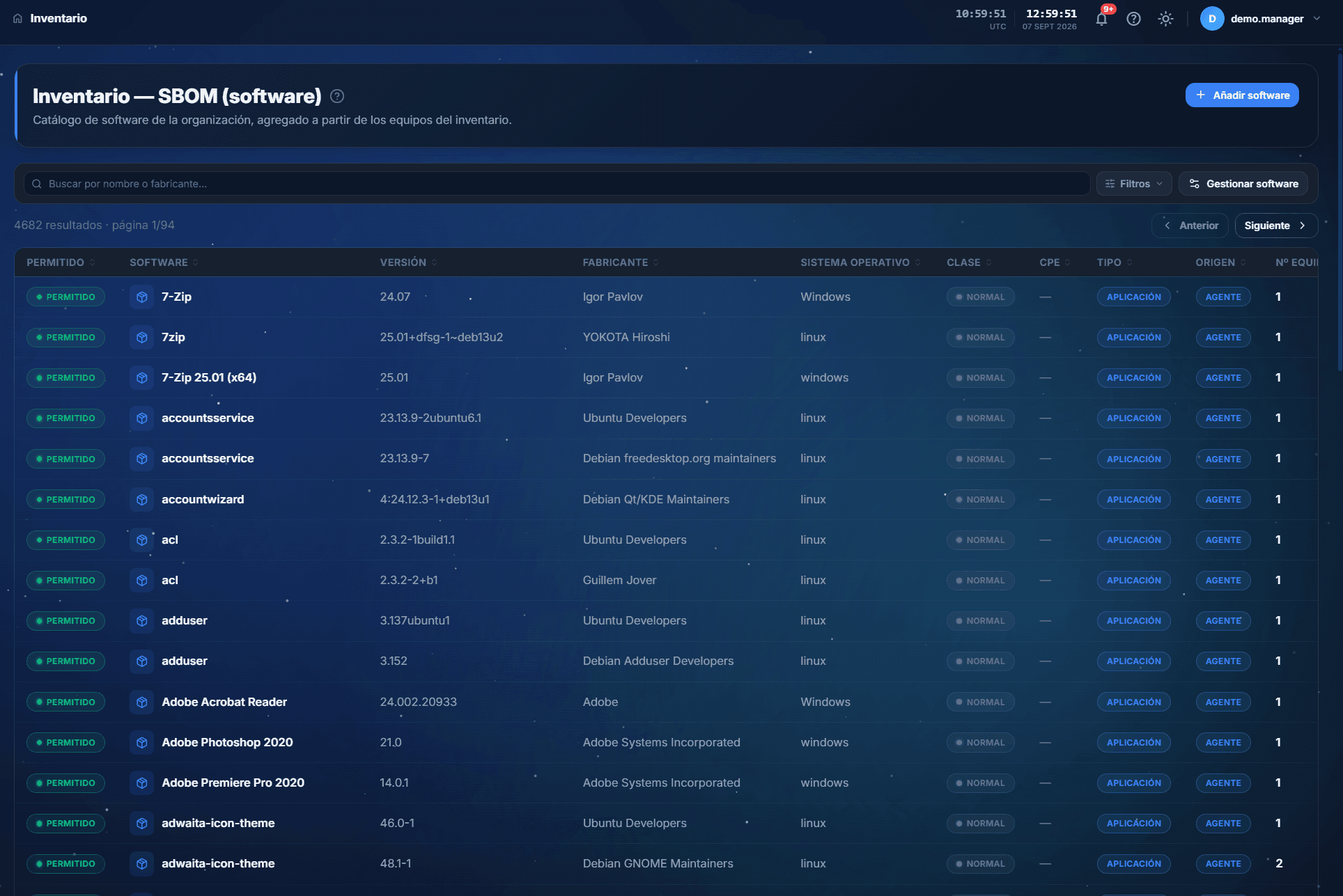 The Cloud Fortress software inventory (SBOM) with installed components and the endpoints they sit on (interface in Spanish)