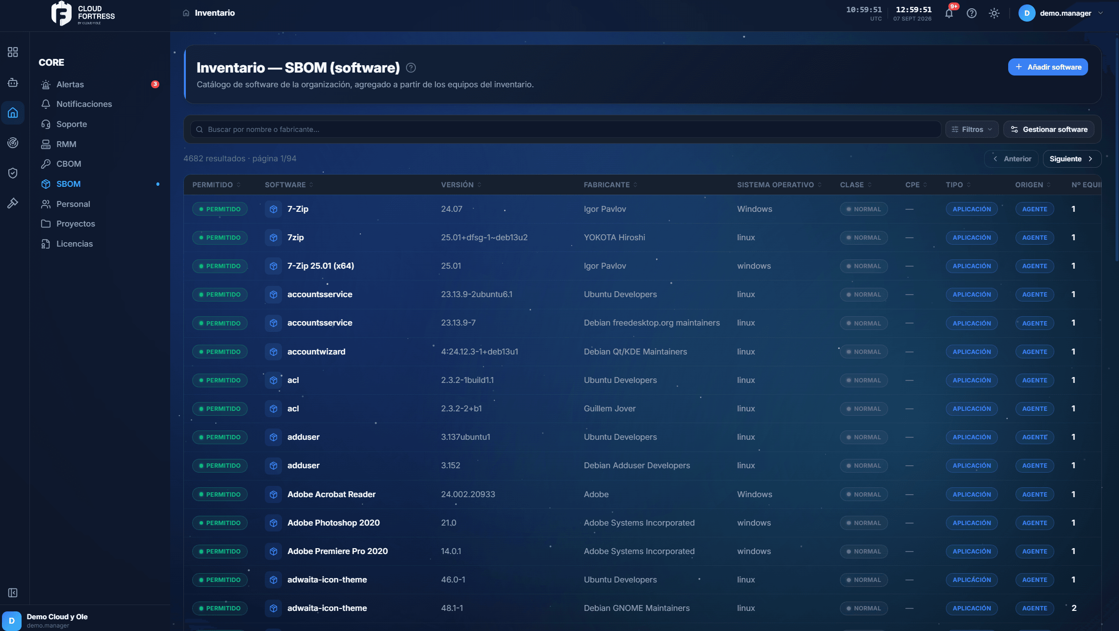 The Cloud Fortress software inventory (SBOM) with installed components and the endpoints they sit on