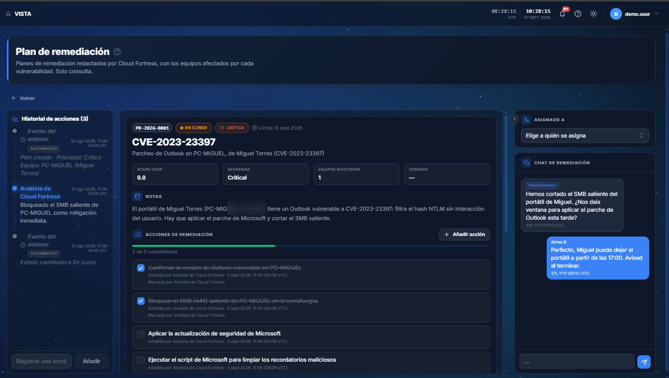 The Cloud Fortress remediation plan with each task, its owner and its tracking status through to the patch (interface in Spanish)