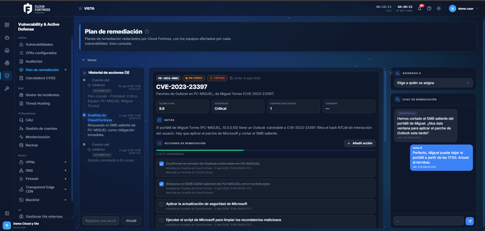 The Cloud Fortress remediation plan with each task, its owner and its tracking status through to the patch