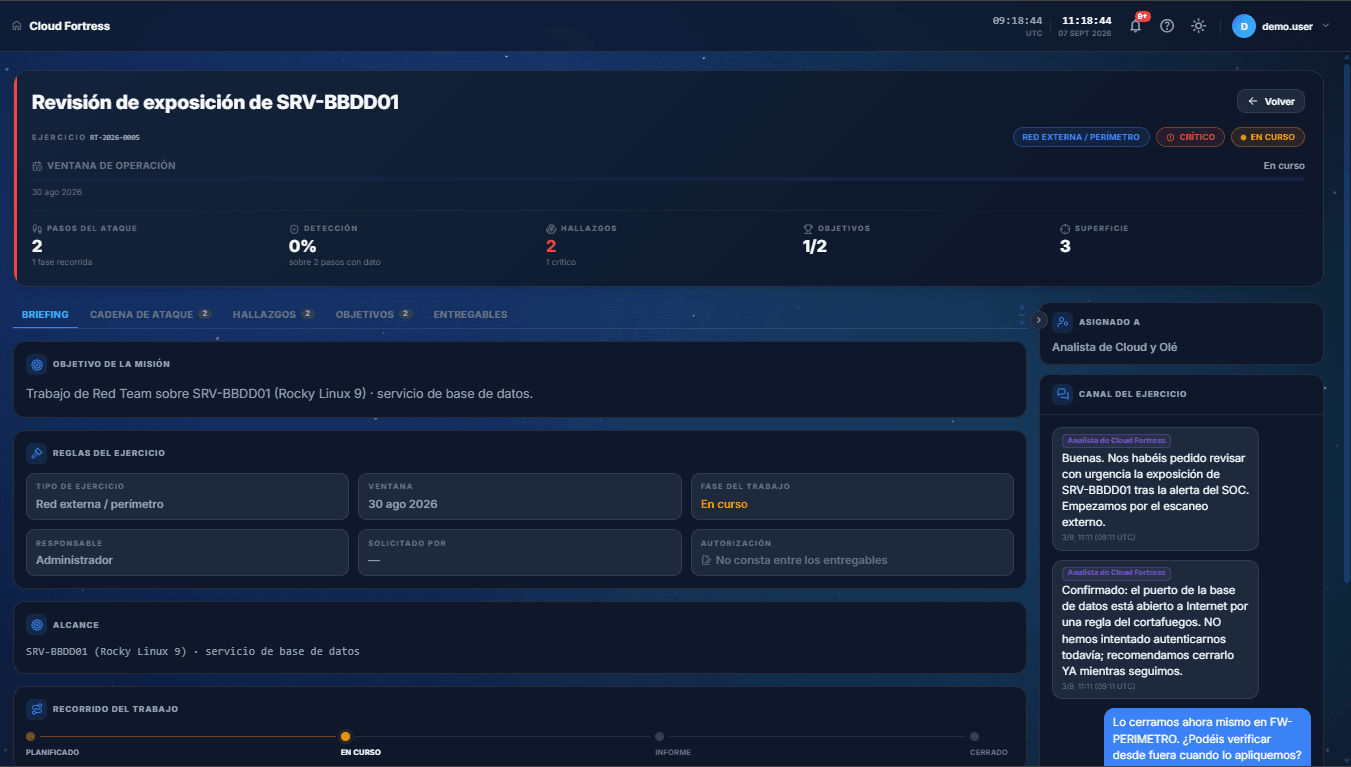 The Red Team exercise briefing in Cloud Fortress for a database server, with its rules, scope and progress by phase (interface in Spanish)