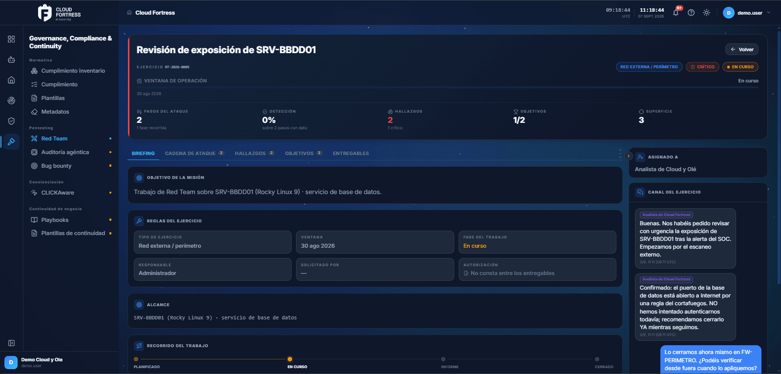 The Red Team operations room in Cloud Fortress, with the exercise chain by phase over real inventory assets