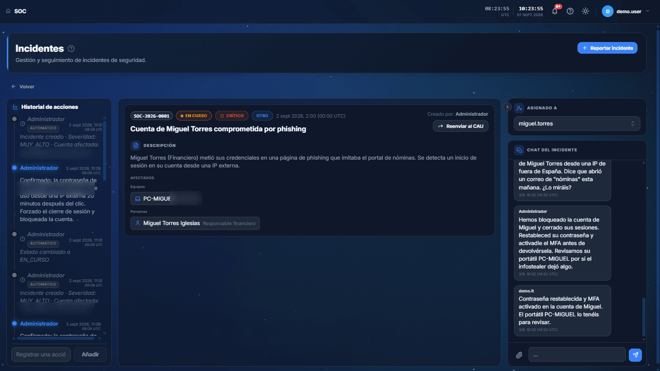 An incident record in Cloud Fortress with the affected endpoint and person, the action history and the incident chat (interface in Spanish)