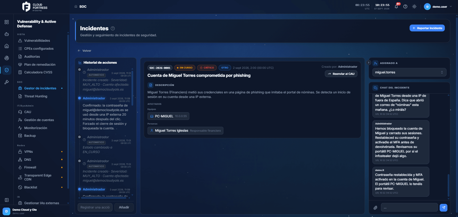 An incident record in Cloud Fortress with the affected endpoint and person, the action history and the incident chat