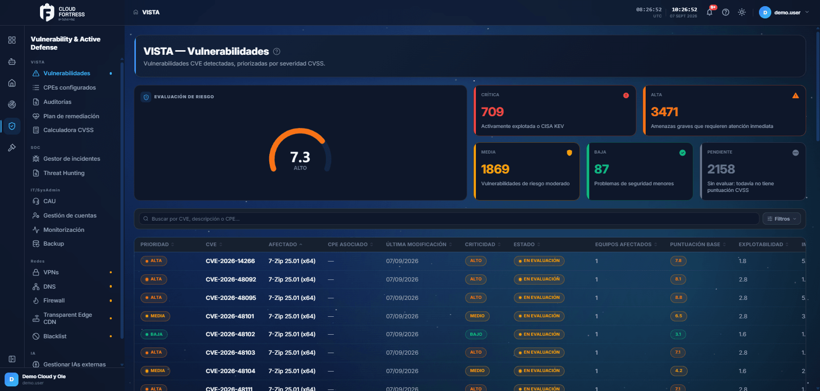 The VISTA panel in Cloud Fortress with vulnerabilities prioritised by criticality and the affected asset on every row